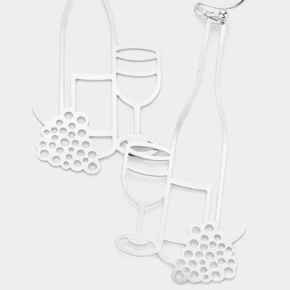 Silver Wine Bottle Grapes and Glass Cut Out Dangle Earrings Metal Fun Fashion - Picture 2 of 2